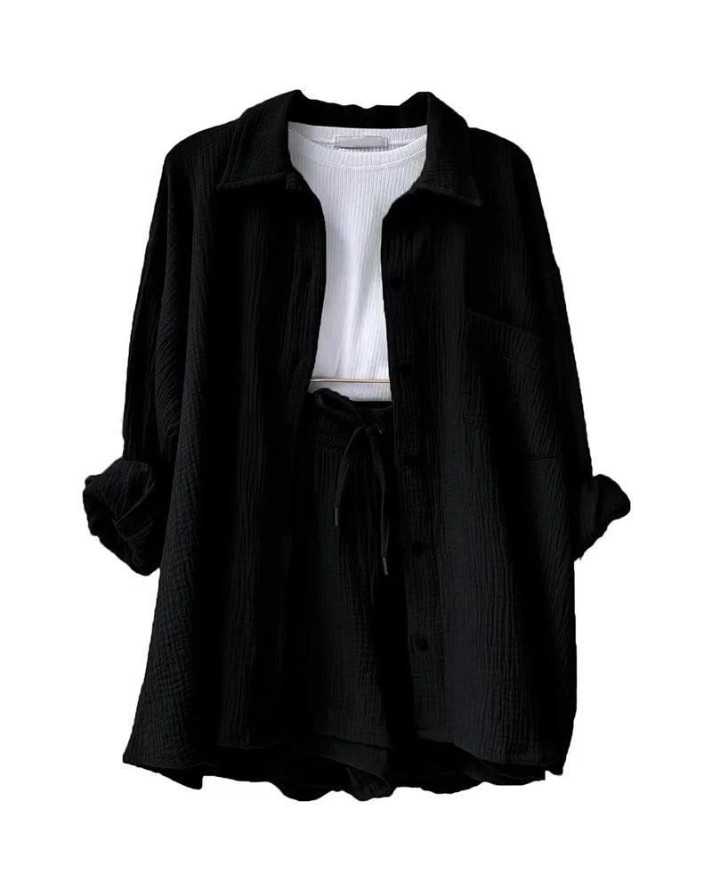 Summer Women's Suit Short Sets Outfits Muslin Suit For Women 2025 Two Piece Female Clothing Solid Button Outfits