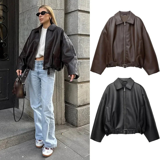 The Belted PU Bomber Jacket