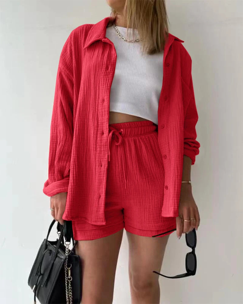 Summer Women's Suit Short Sets Outfits Muslin Suit For Women 2025 Two Piece Female Clothing Solid Button Outfits