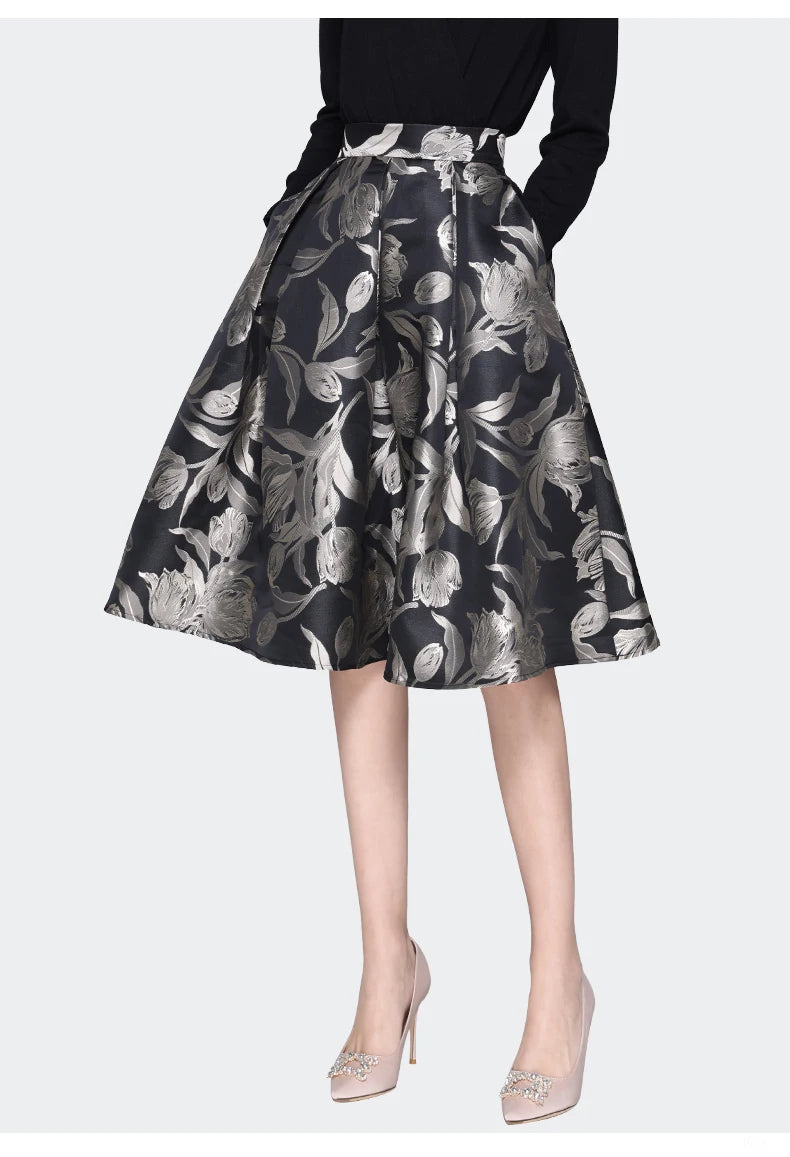Women Grey Floral Mid-length Skirt 2024 Spring New HIgh Waist A-Line Pleated Knee-length Skirts With Pockets Tutu Skirts