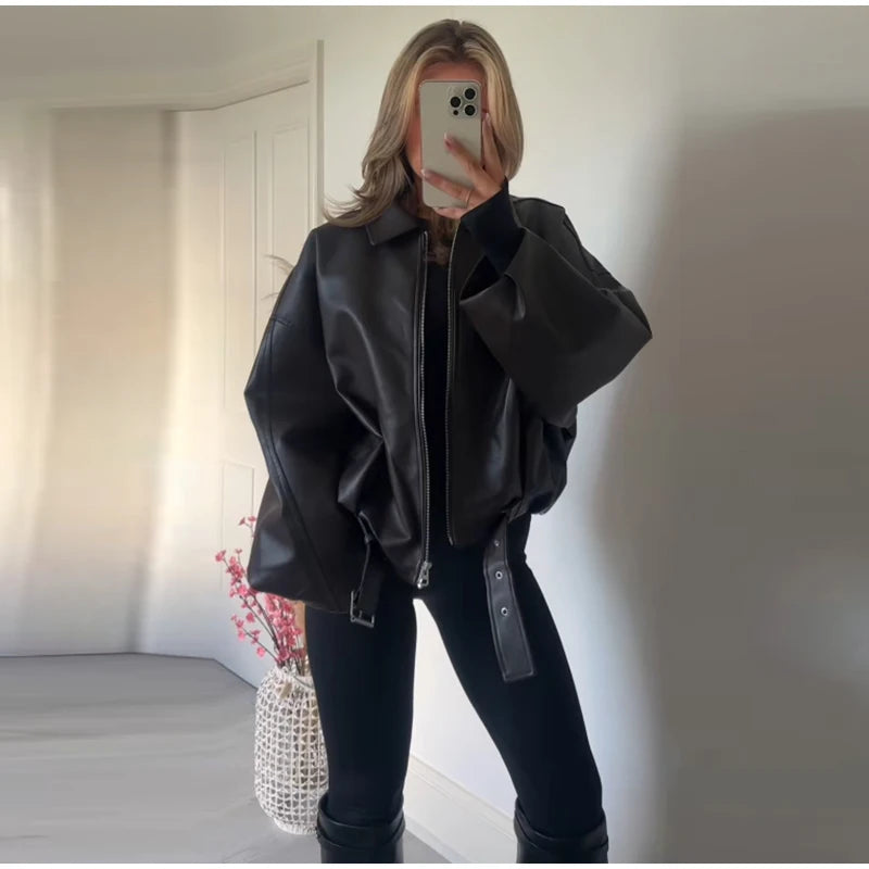The Belted PU Bomber Jacket