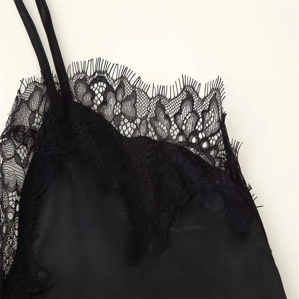 Elegant Asymmetrical Slip Top for Women Summer Y2K Lace Black Off-Shoulder Sleeveless Backless Camisole Tops