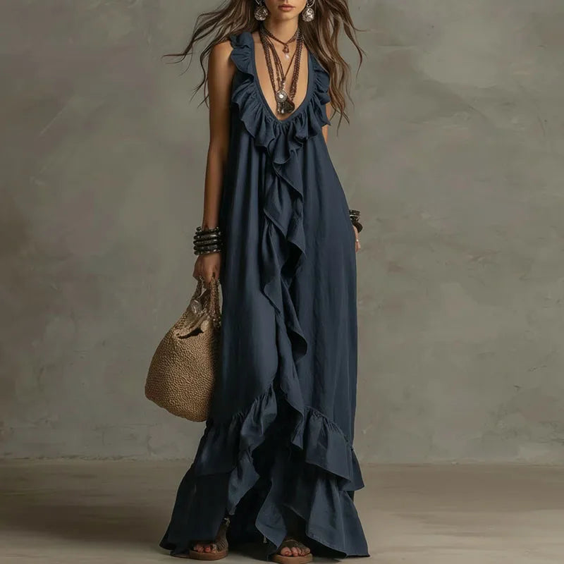 Sexy Deep V Neck Ruffle Loose Long Dresses Woman Spring Casual Solid Party Maxi Dress New Summer Sleeveless Vacation Beach Dress