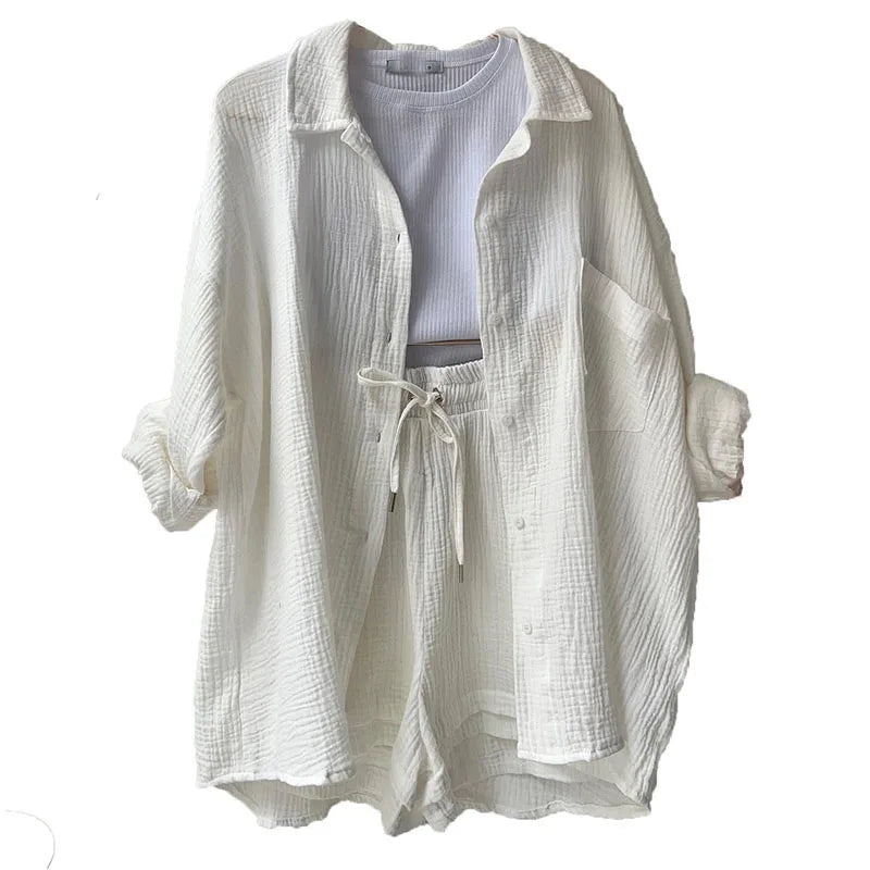 Summer Women's Suit Short Sets Outfits Muslin Suit For Women 2025 Two Piece Female Clothing Solid Button Outfits