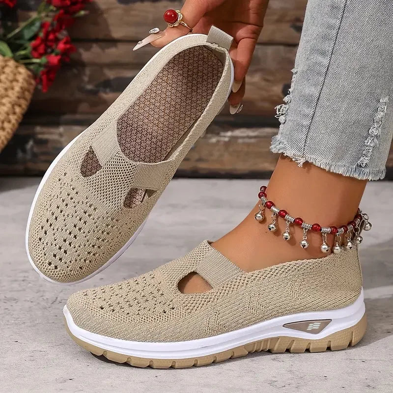 Women's casual sports shoes, solid color breathable sports soft-soled lightweight walking shoes, low-top knitted casual shoes