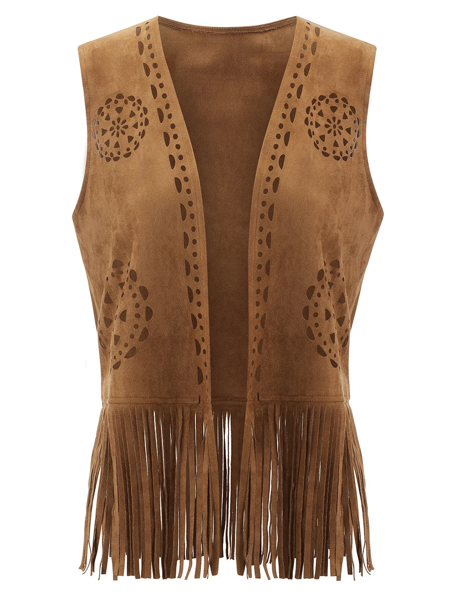 Women Fringe Vest Faux Suede Open Front Vintage Vest Sleeveless Hippie Clothes Boho Western Cowboy Style Short Jackets