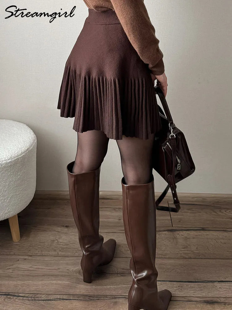 Black Mini Pleated Skirt Gray Women Elastic Waist Short Knitted Skirt For Autumn White A Line Knit Short School Skirt For Women