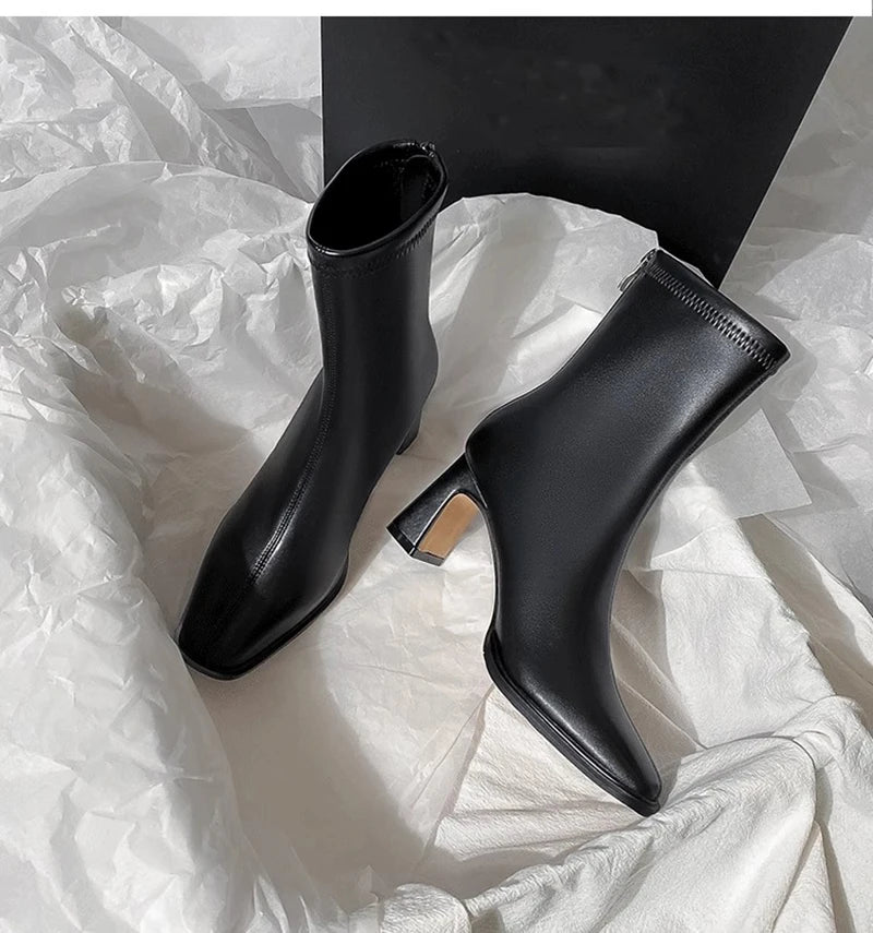 Vintage Warm Cotton Women Ankle Boots Fashion Elegant Square Toe Shoes Autumn Winter Thick Heel Women's Short Booties