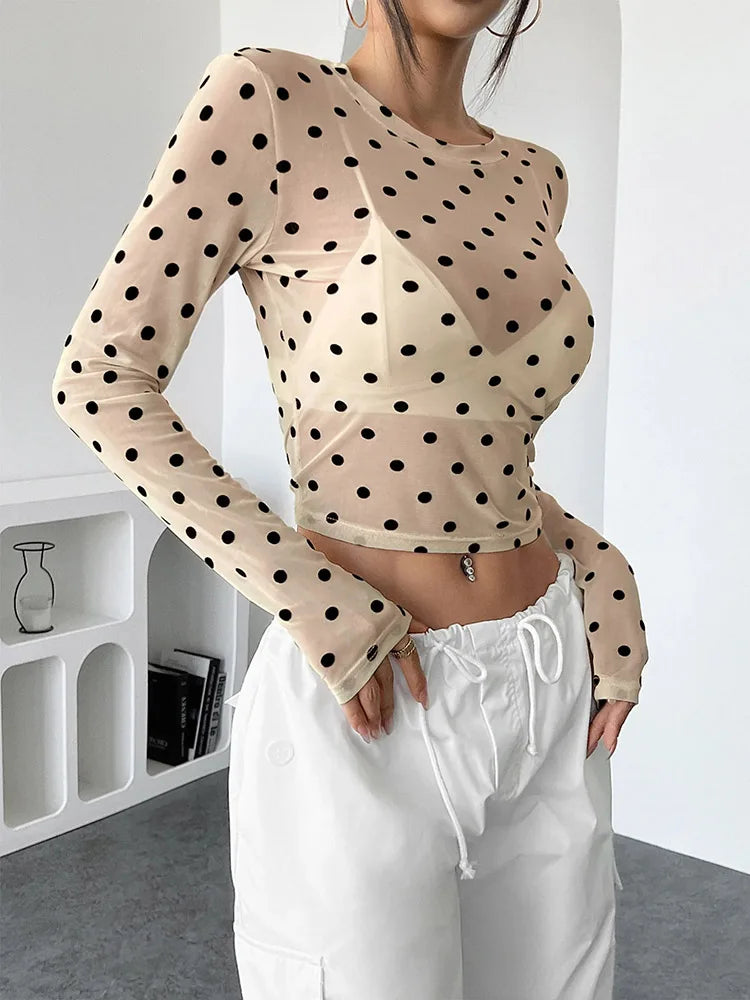 Women's Polka Dot Long Sleeve Mesh Top See through Sheer Blouse Y2K Crop Top for Date Night Club Party Going out Sexy Clothes