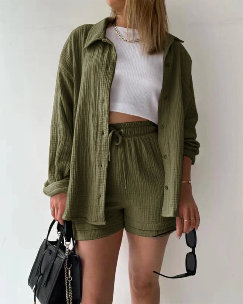 Summer Women's Suit Short Sets Outfits Muslin Suit For Women 2025 Two Piece Female Clothing Solid Button Outfits
