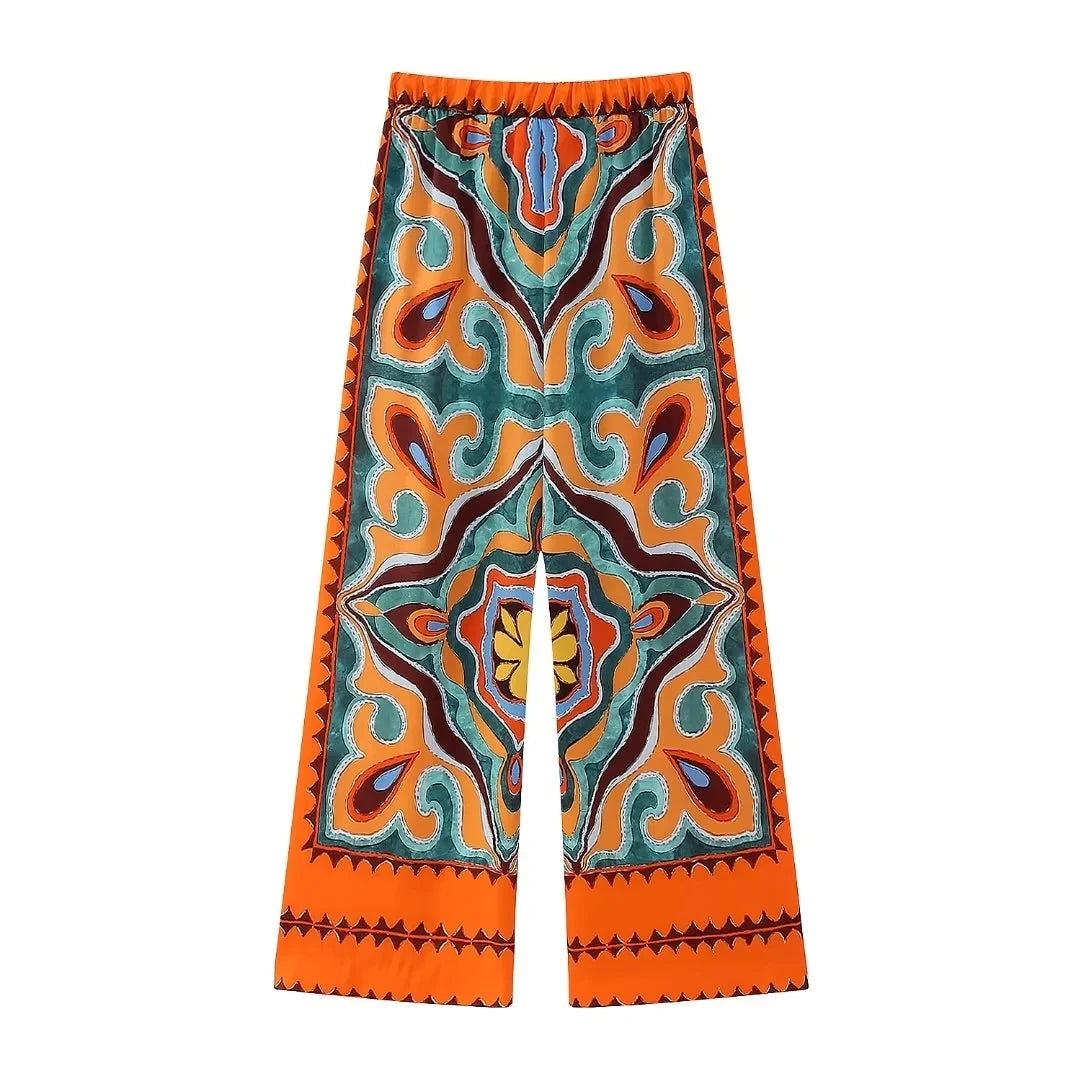 HH Women Pants Set Vintage Print Back Bow Tie Strapless Bustier Tops + Drawstring Trousers Female Chic Streetwear Pant Suits