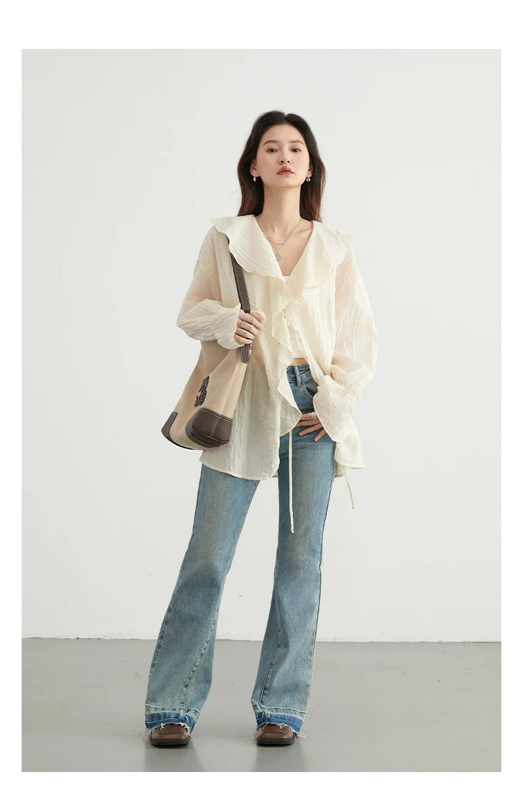 CHIC VEN Women Shirt Loose Casual Ruffled Edges Female Blouses V Neck Lace Up Mid Length Woman Shirts Spring Summer 2026