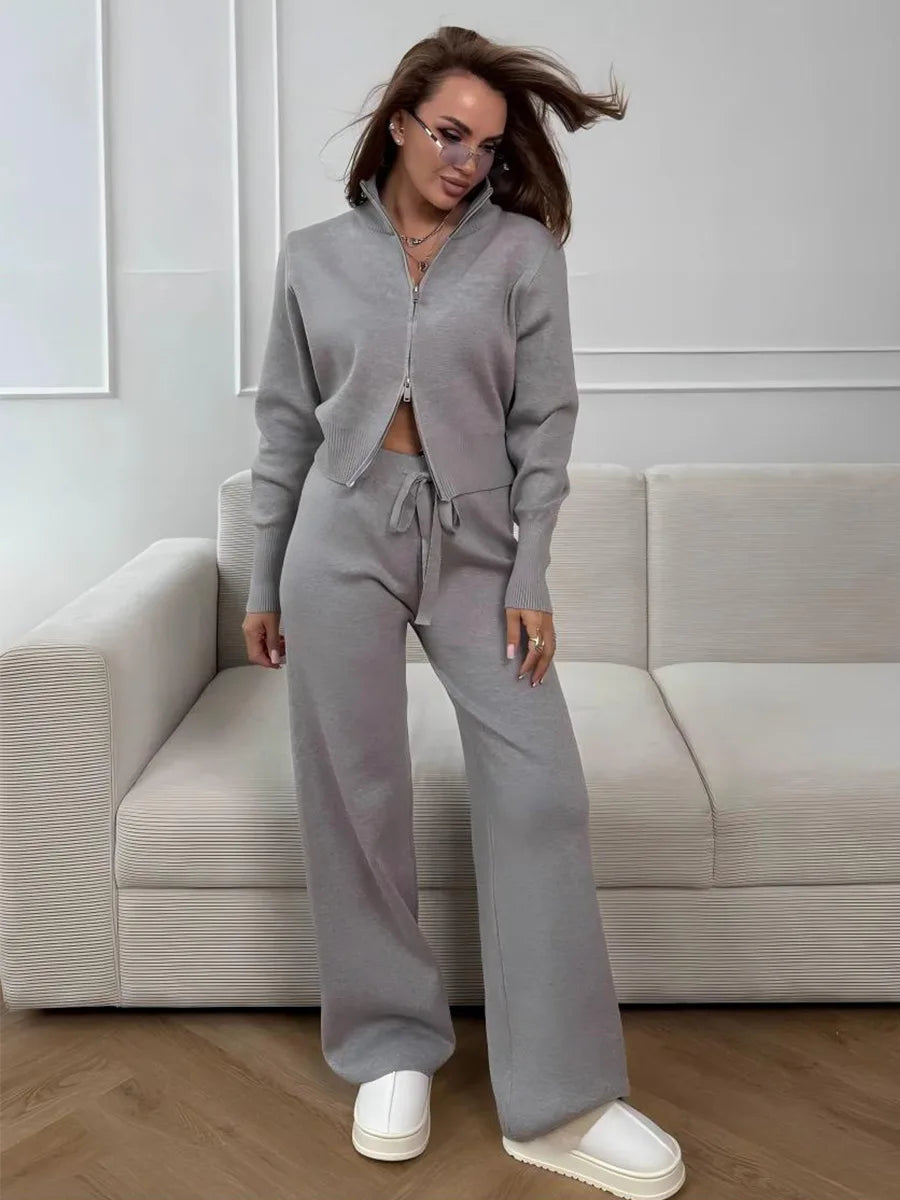 Wolfeel  New Autumn Winter Zip Up Knit Pants Set Women's Trendy Slim Fit Cardigan Pants Chic Commuting Sweater Outfit