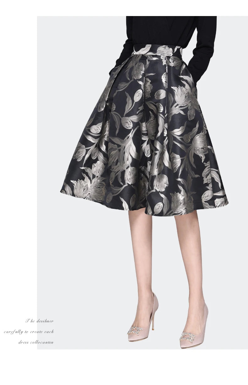 Women Grey Floral Mid-length Skirt 2024 Spring New HIgh Waist A-Line Pleated Knee-length Skirts With Pockets Tutu Skirts