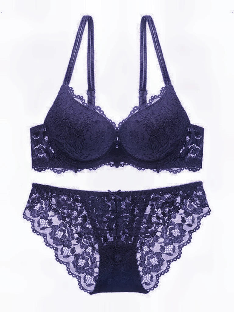 Sexy Lace Floral Women's Underwear Set Double Straps Push-Up Bra Hollow-Out Sexy Panties