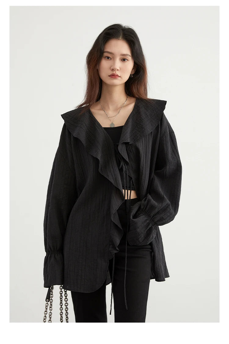CHIC VEN Women Shirt Loose Casual Ruffled Edges Female Blouses V Neck Lace Up Mid Length Woman Shirts Spring Summer 2026