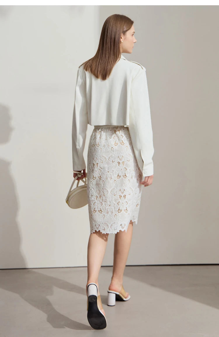 AMII Minimalist Beige Elegant Skirt Straight 2025 Summer Office Lady Romantic Flower Lace Embroidery Women Midi Skirts 12542169