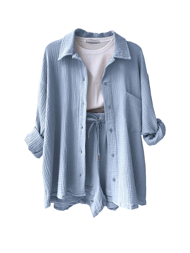Summer Women's Suit Short Sets Outfits Muslin Suit For Women 2025 Two Piece Female Clothing Solid Button Outfits