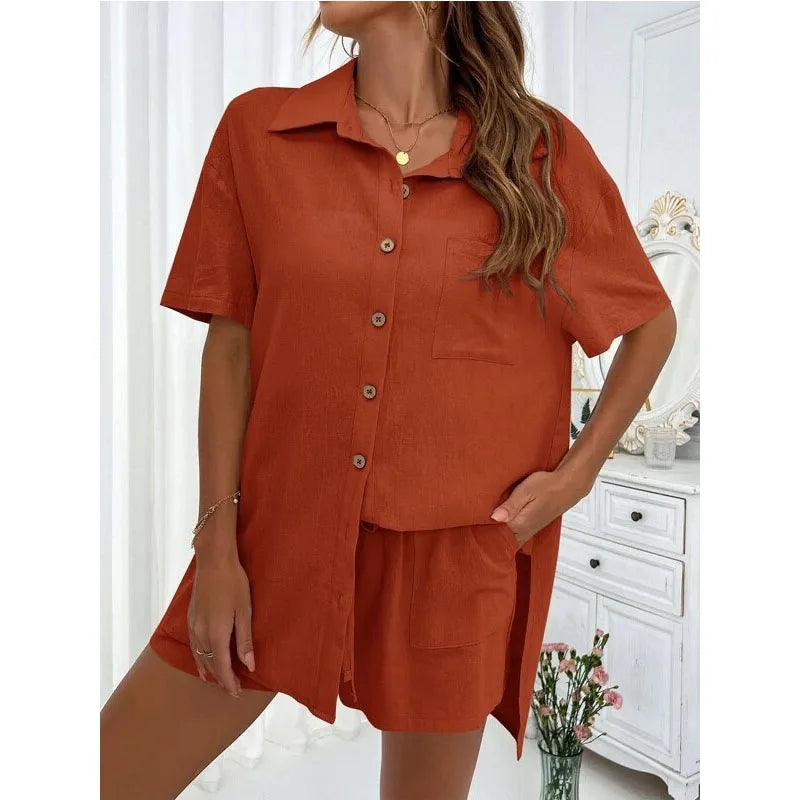 Solid Color Casual Loose Short Pants Sets For Women 2024 Elegant Summer Women's Two Pieces Suit Full Set Female Outfit Clothes