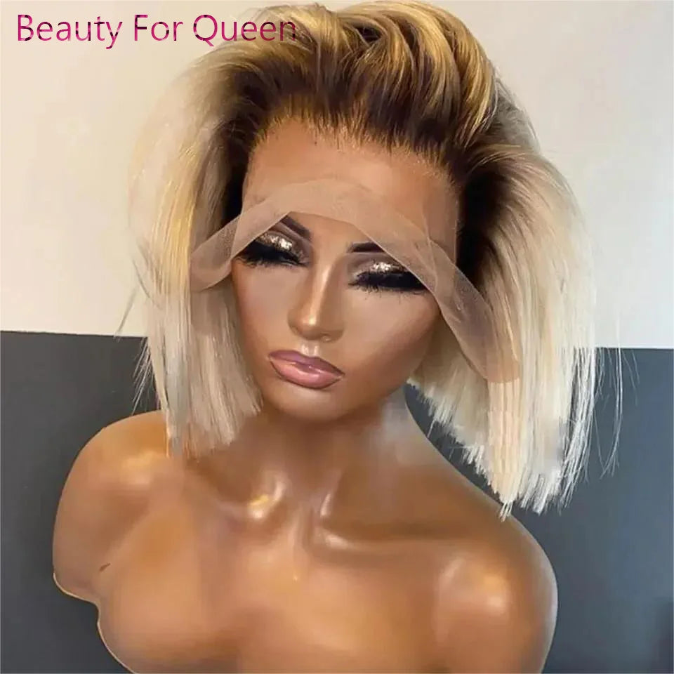 Ombre Blonde Short Bob Wig Lace Front Human Hair Wigs For Women Straight 180% Density Dark Roots Glueless 13x6 Lace Frontal Wig