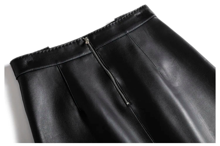 Moda Linda Lambskin Mini Skirts Women Handmade Arch Needle High Waist Wrap Leather Etek Khaki Double Breasted Metal Button Jupe