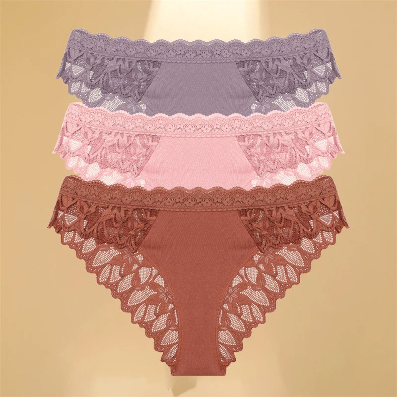 FINETOO 3Pcs Lace Hollow Out Underwear for Women Sexy Low-Waist Floral Briefs Female Invisible Breathable Lingerie Soft Intimate