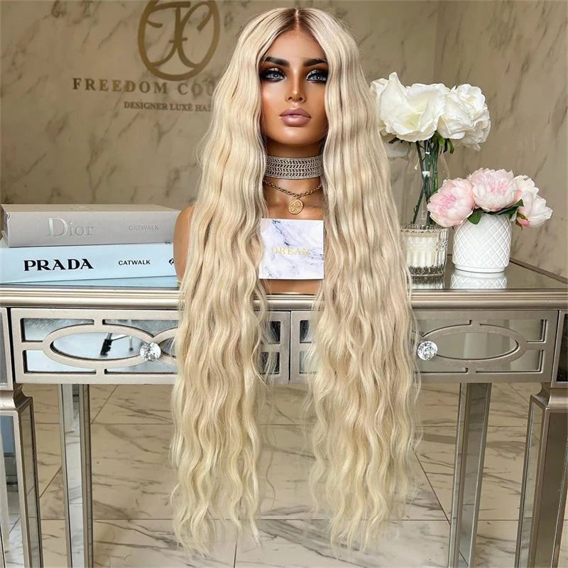 Ombre Lace Front Wig Cosplay Party Blonde Synthetic Wig Ombre Blonde Deep Wave High Heat Fiber 34inchs Long Lace Frontal Wig