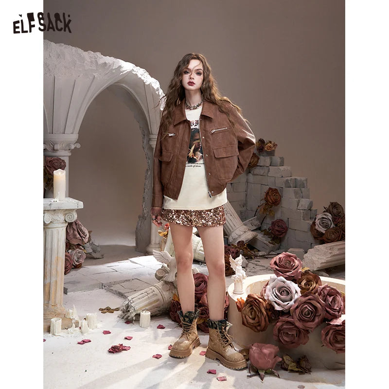 2025 Autumn ELFSACK New Arrivals Sequined pink brown heavy sequined personalized drawstring elastic waist high waist hip skirt f