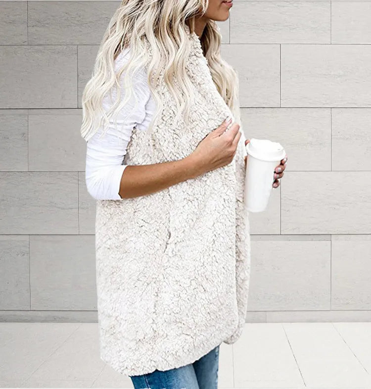 Women Fleece Coats Summer Fashion Pocket Sleeveless Long Loose Waistcoats Outwear LRFZ-6699