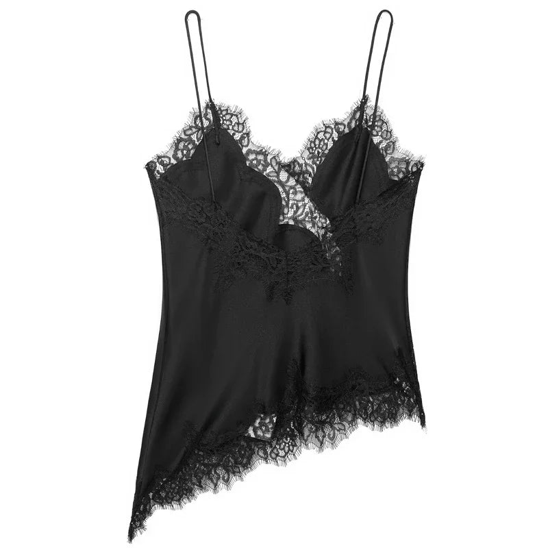 Elegant Asymmetrical Slip Top for Women Summer Y2K Lace Black Off-Shoulder Sleeveless Backless Camisole Tops