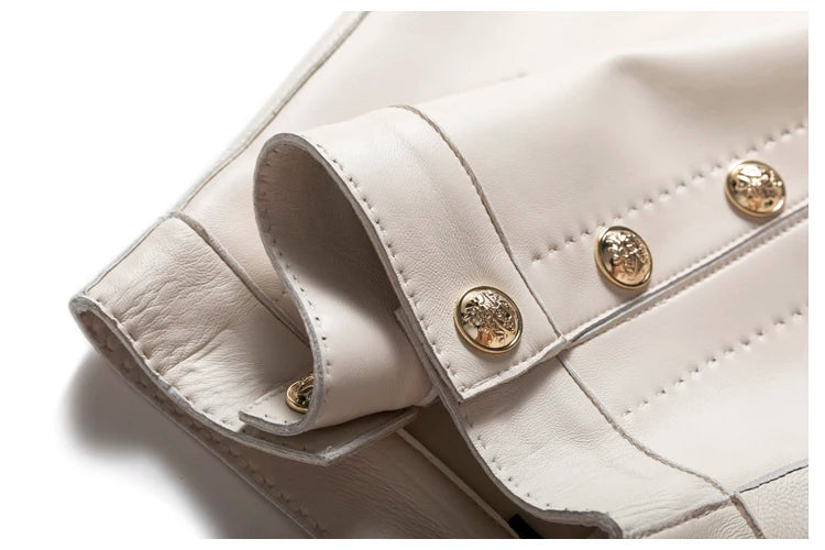 Moda Linda Lambskin Mini Skirts Women Handmade Arch Needle High Waist Wrap Leather Etek Khaki Double Breasted Metal Button Jupe