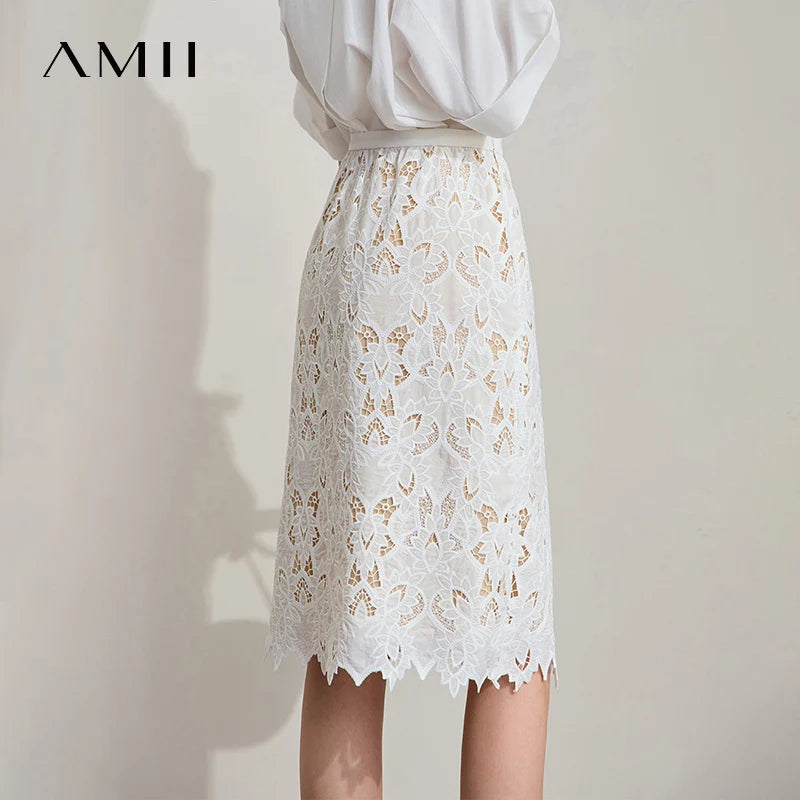 AMII Minimalist Beige Elegant Skirt Straight 2025 Summer Office Lady Romantic Flower Lace Embroidery Women Midi Skirts 12542169