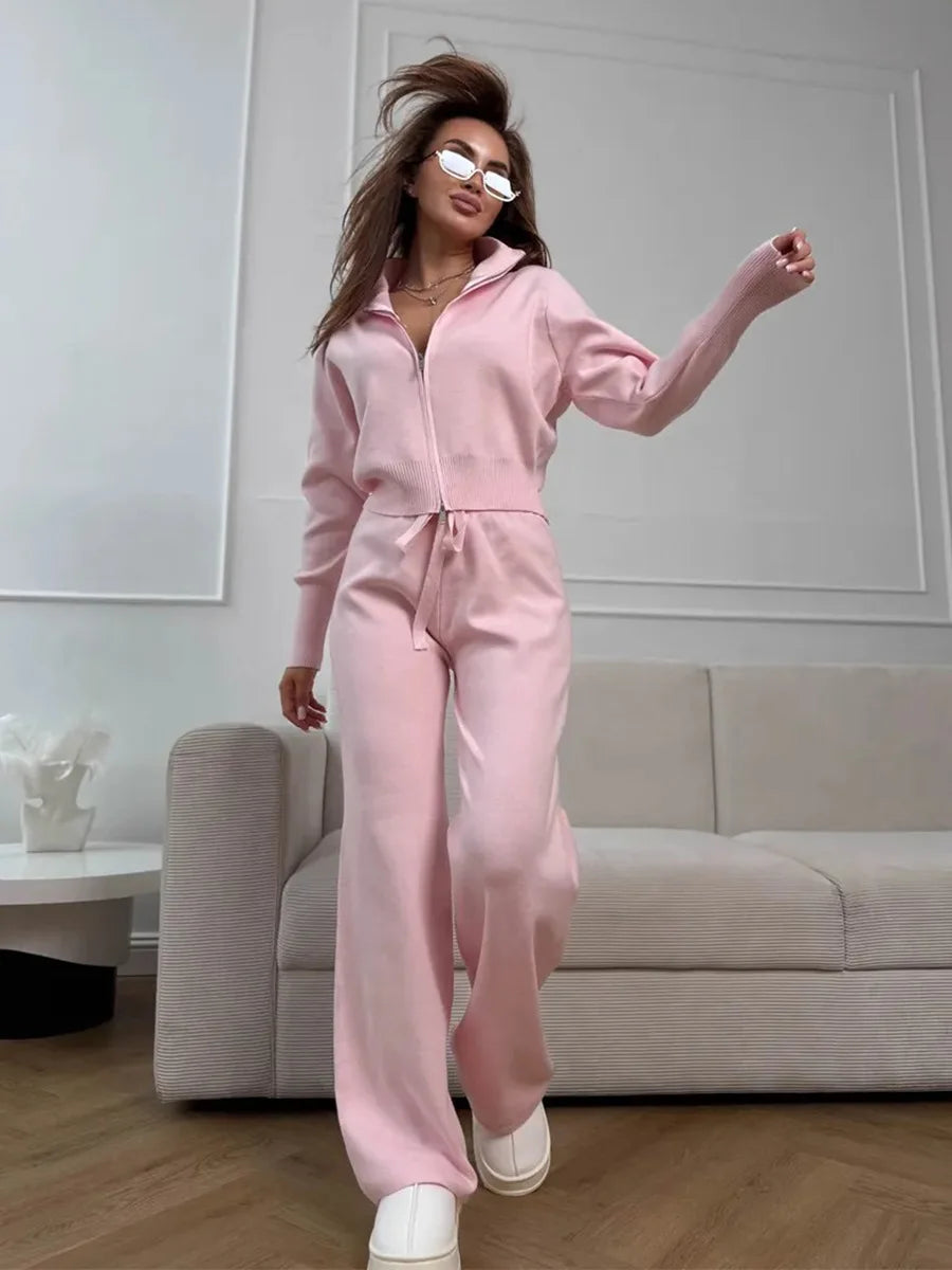 Wolfeel  New Autumn Winter Zip Up Knit Pants Set Women's Trendy Slim Fit Cardigan Pants Chic Commuting Sweater Outfit