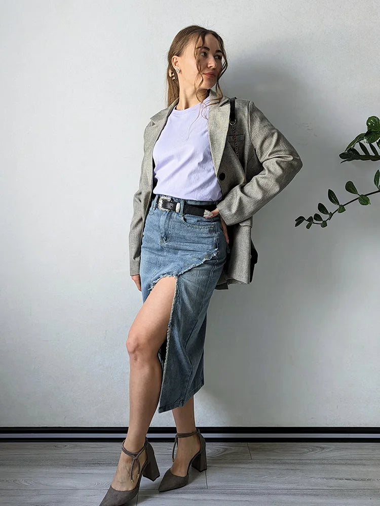 Streamgirl Irregular Split Denim Skirts For Women Midi Summer Casual Tassel Denim Skirt Lady Sexy A Line Jeans Skirt Women 2024