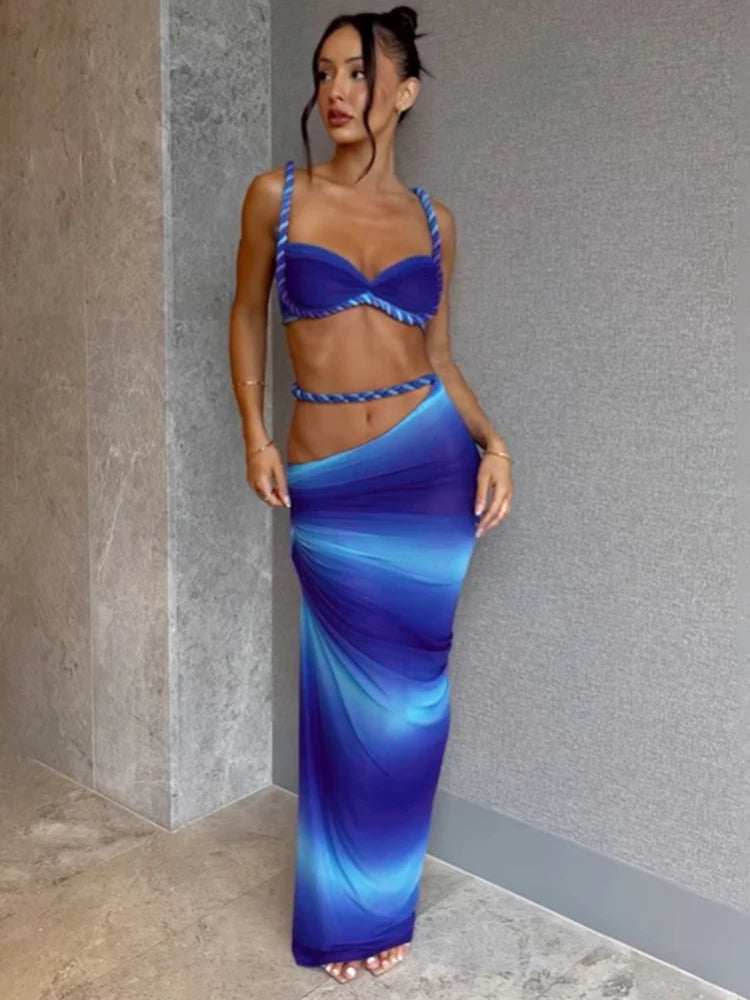 kliou Woven Sexy Women 2 Piece Set Stunning Hot Solid Pleated Crop Camisoles+High Waist Maxi Skirts Female Trend Vacation Outfit