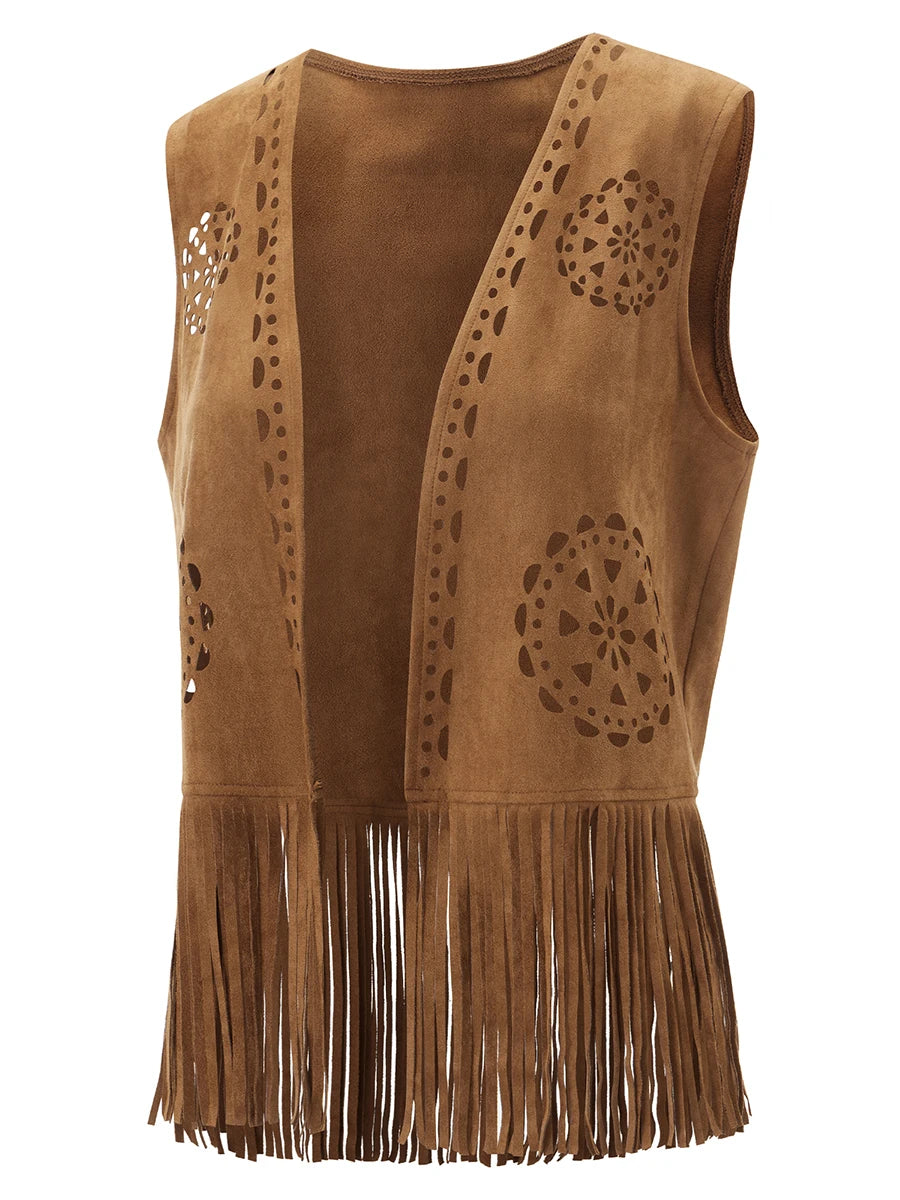 Women Fringe Vest Faux Suede Open Front Vintage Vest Sleeveless Hippie Clothes Boho Western Cowboy Style Short Jackets