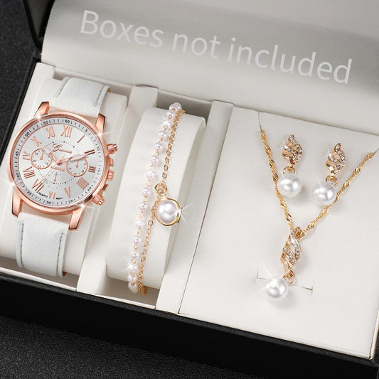 The Roman Dial Pearl Leather Watch Set (5pcs)