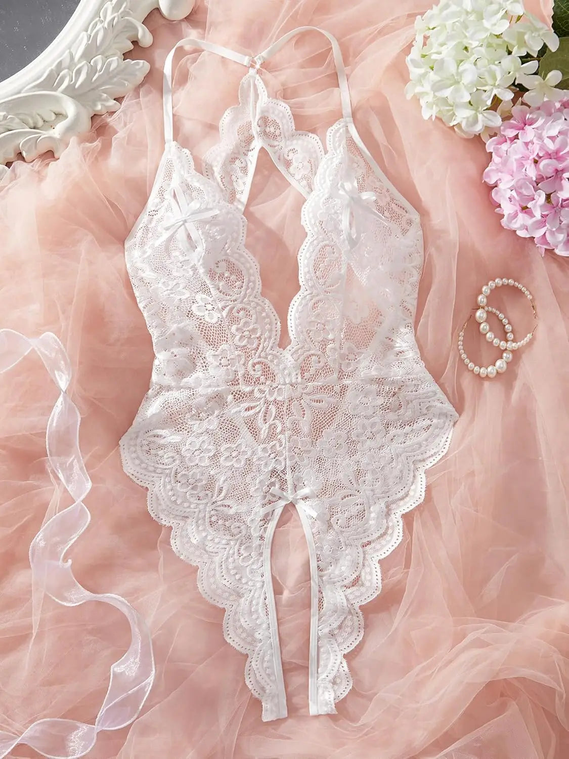 Seductive Blue Lace Hollow Bodysuit for Women - Erotic Teddy Babydoll Dress with Deep V Open Bra and Crotchless Porn Underwear