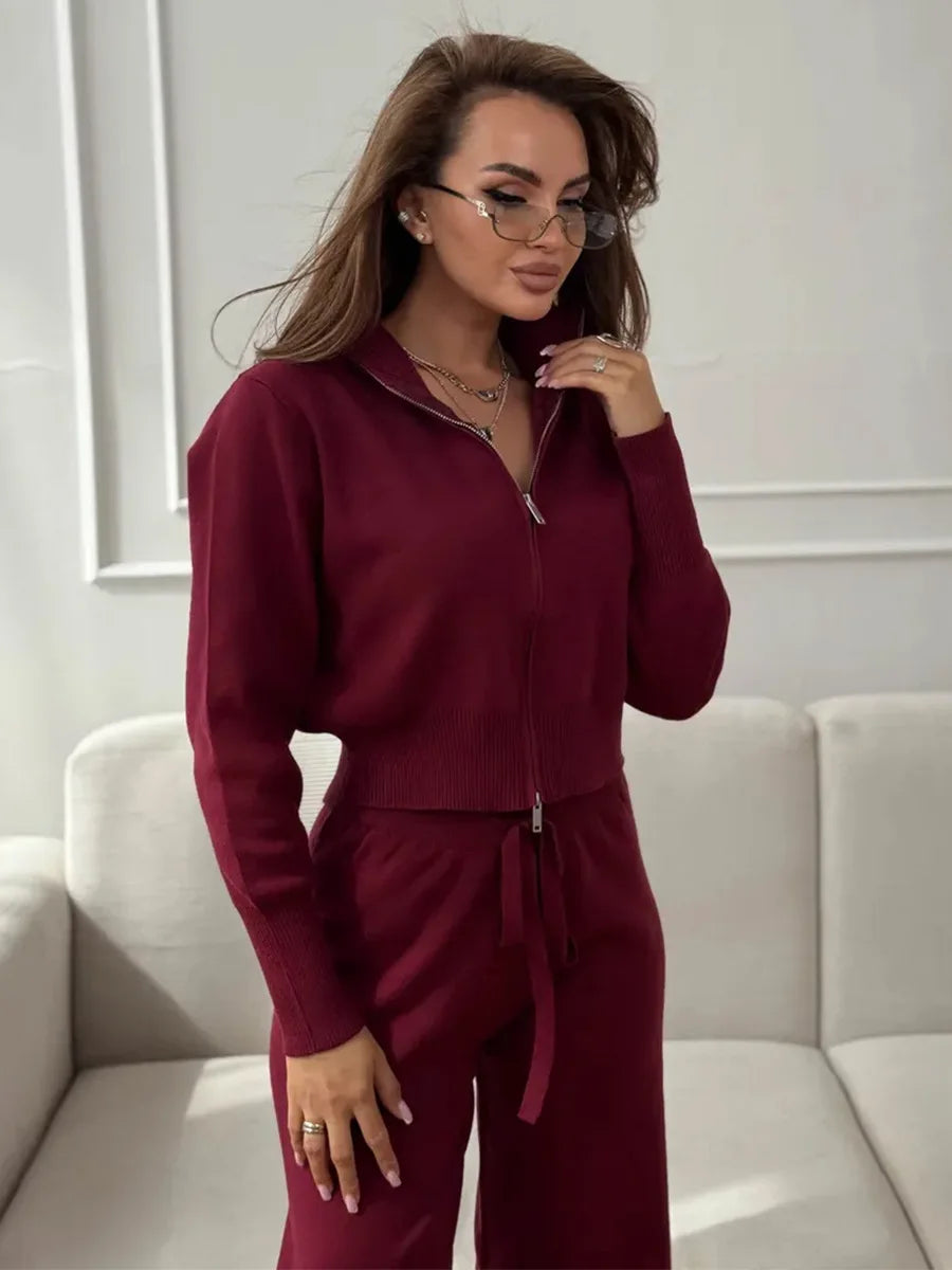 Wolfeel  New Autumn Winter Zip Up Knit Pants Set Women's Trendy Slim Fit Cardigan Pants Chic Commuting Sweater Outfit