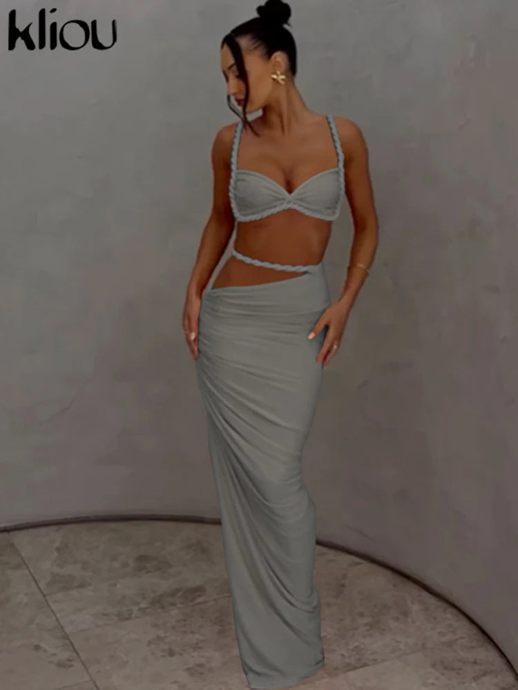 kliou Woven Sexy Women 2 Piece Set Stunning Hot Solid Pleated Crop Camisoles+High Waist Maxi Skirts Female Trend Vacation Outfit