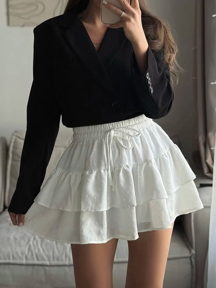 Streamgirl Women Mini Skirts With Shorts Under Summer Clothes Tie Up A Line Short White Pleated Ruffled Layered Skirt For Women