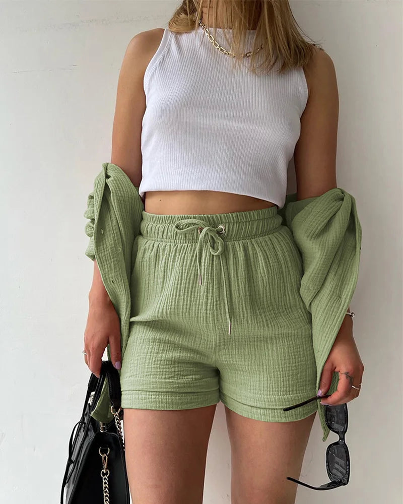 Summer Women's Suit Short Sets Outfits Muslin Suit For Women 2025 Two Piece Female Clothing Solid Button Outfits