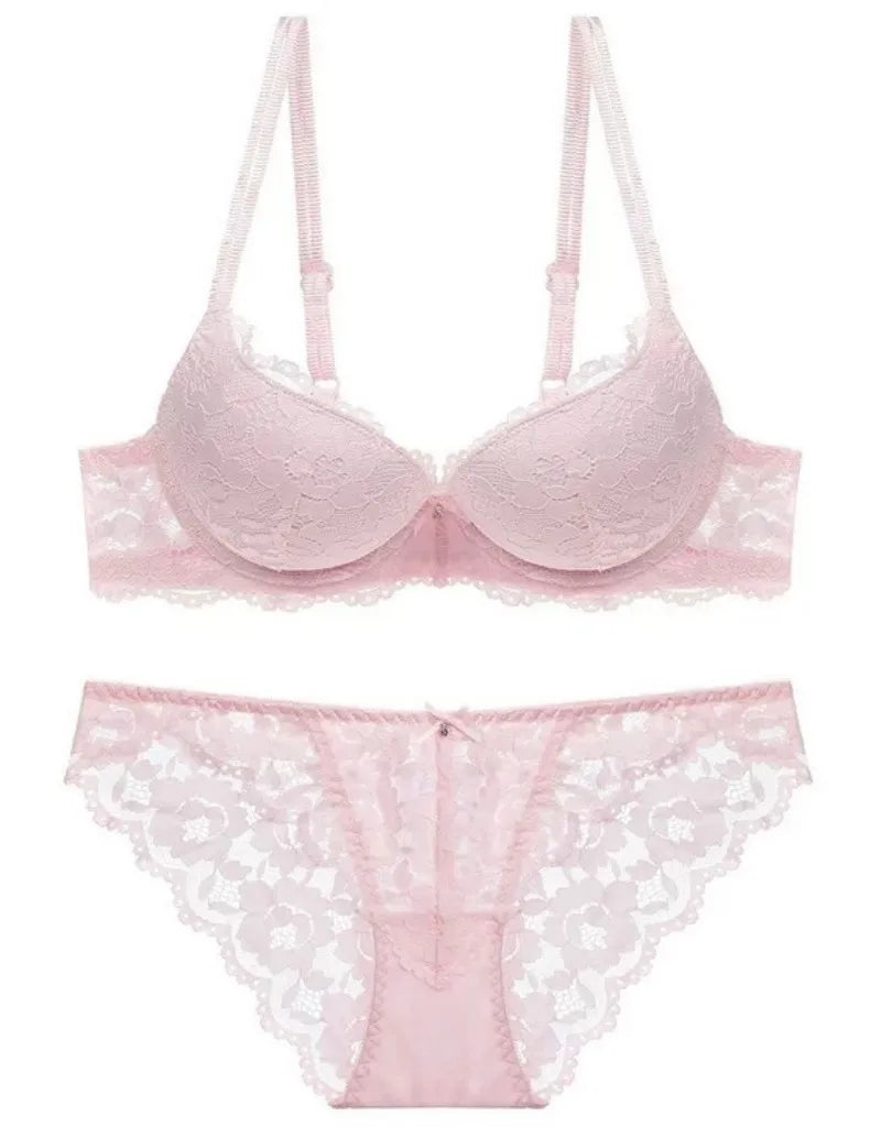Sexy Lace Floral Women's Underwear Set Double Straps Push-Up Bra Hollow-Out Sexy Panties