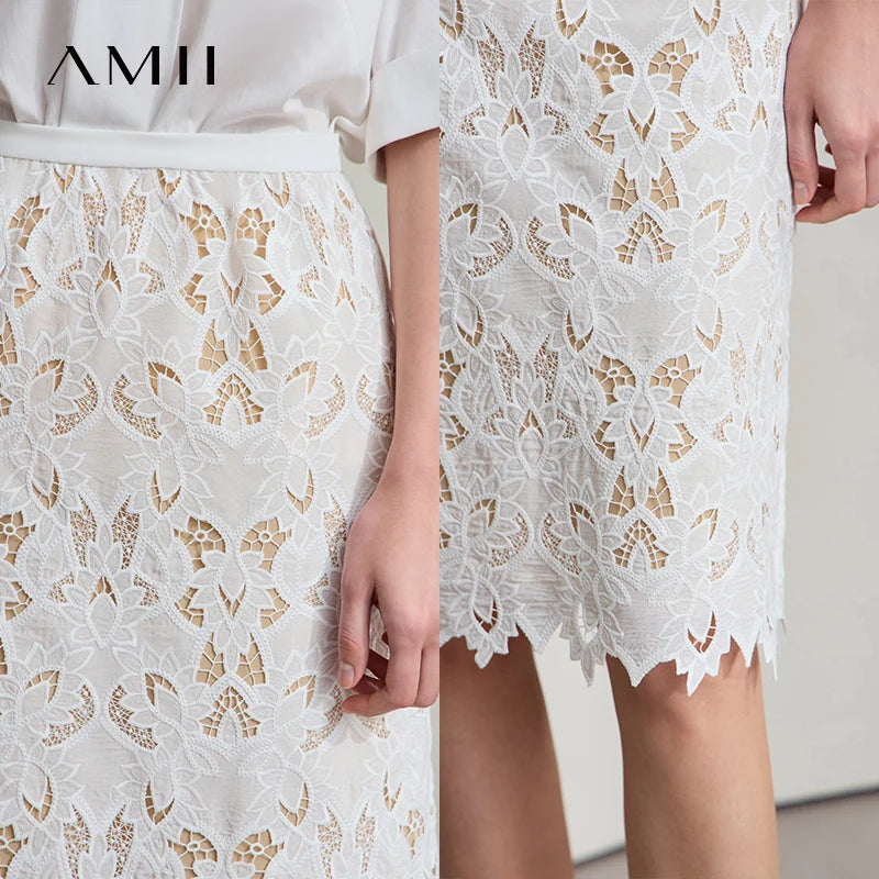 AMII Minimalist Beige Elegant Skirt Straight 2025 Summer Office Lady Romantic Flower Lace Embroidery Women Midi Skirts 12542169