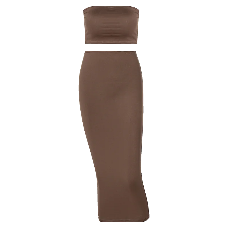Hugcitar Women Elegant 2 Pcs Sets Strapless Sexy Tube Crop Tank Top Maxi Skirt 2025 Summer Women Casual Clothes Party Festival