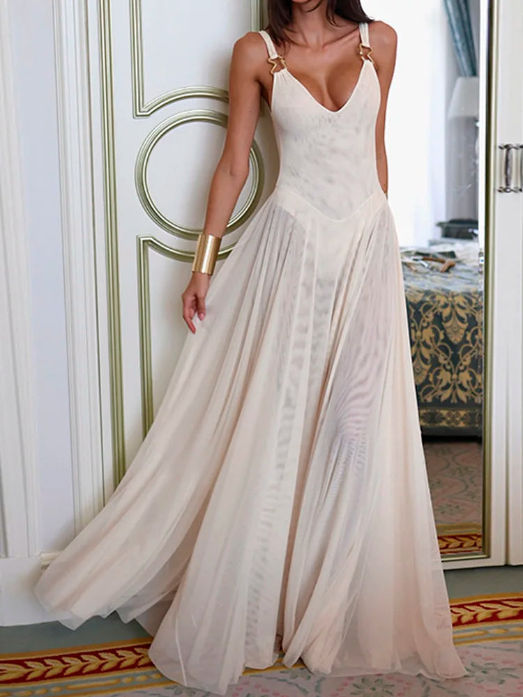 Metal Buckle Sexy Sheer Mesh Pleated Maxi Dress 2026 Fashion Deep V-Neck Spaghetti Straps Backless Long Summer Dresses for Women