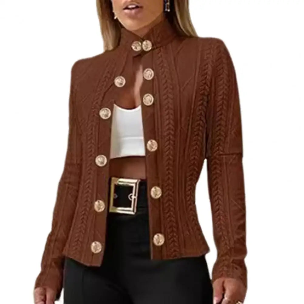 Fall Winter Women Jacket Slim Fit Metal Buttons Stand Collar Long Sleeves Jacquard Coat Solid Color OL Commuting Coat For Work