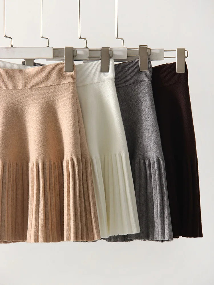 Black Mini Pleated Skirt Gray Women Elastic Waist Short Knitted Skirt For Autumn White A Line Knit Short School Skirt For Women