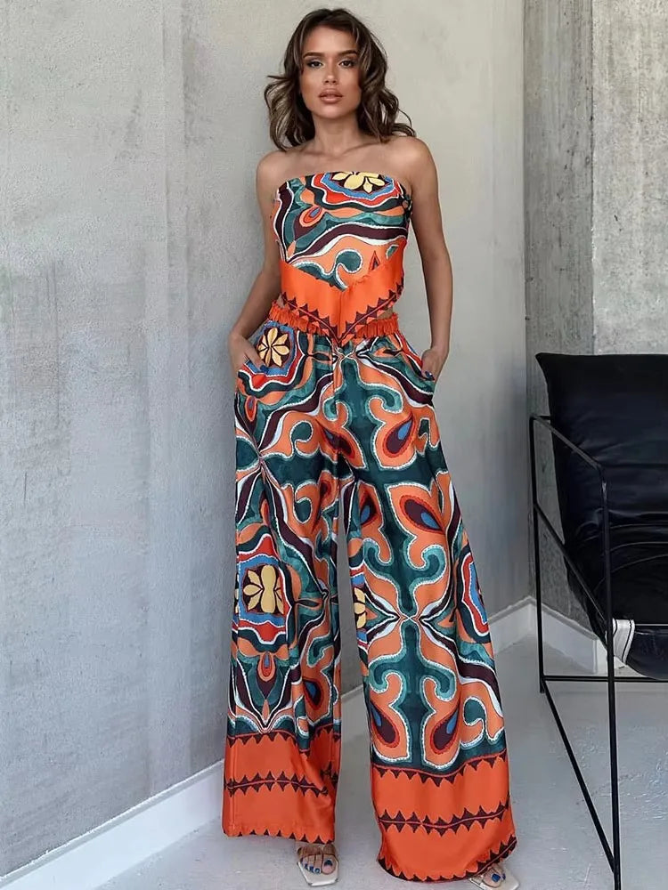 HH Women Pants Set Vintage Print Back Bow Tie Strapless Bustier Tops + Drawstring Trousers Female Chic Streetwear Pant Suits