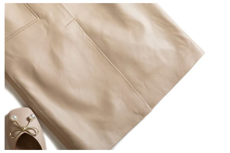 Lambskin Skirt for Women Commuting OL Simplified Vertical Cut 100% Leather Front Split Jupe Mujer Pockets Black Wrap Midi Skirt